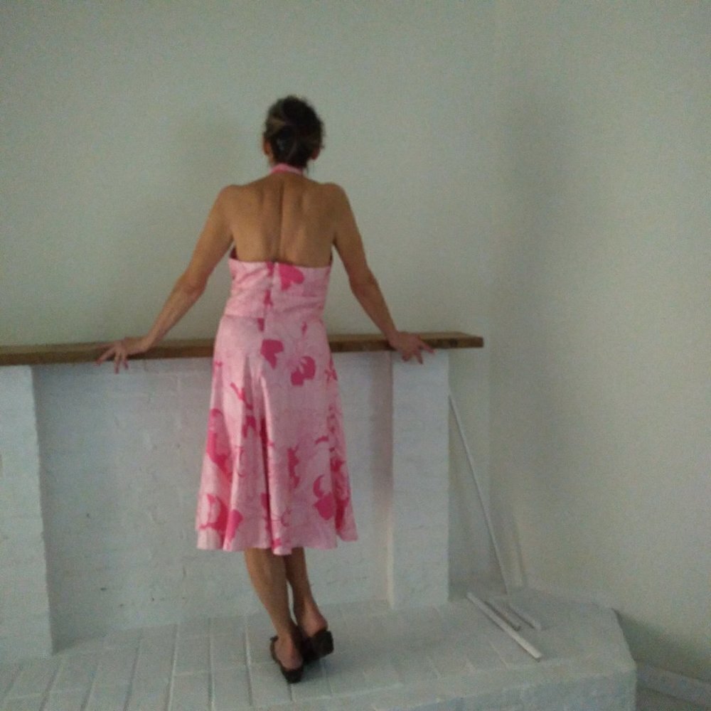 Maggie London Pink on Pink Silk Halter Circle Dress Retro Floral Femme Fun! Sz12 - Picture 6 of 8